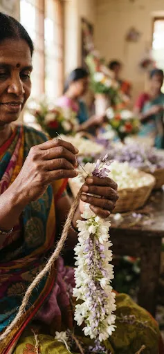 Artisan hand-stringing fragrant white Madurai mallipoo jasmine florets